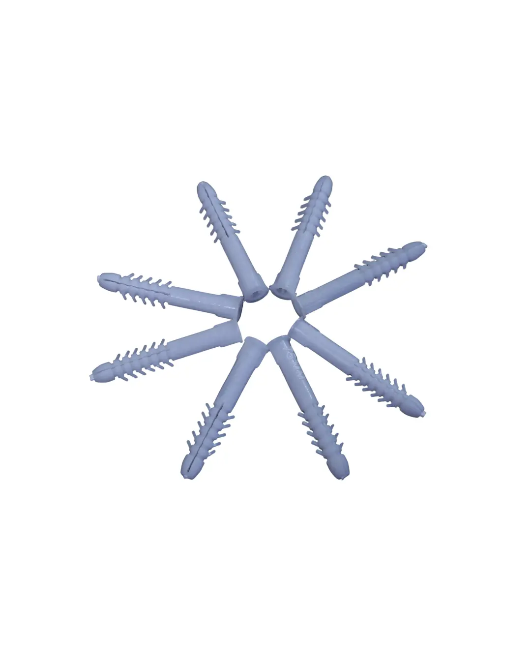 Plastic wall plugs arranged in pattern showing multiple sizes for secure screw fixing