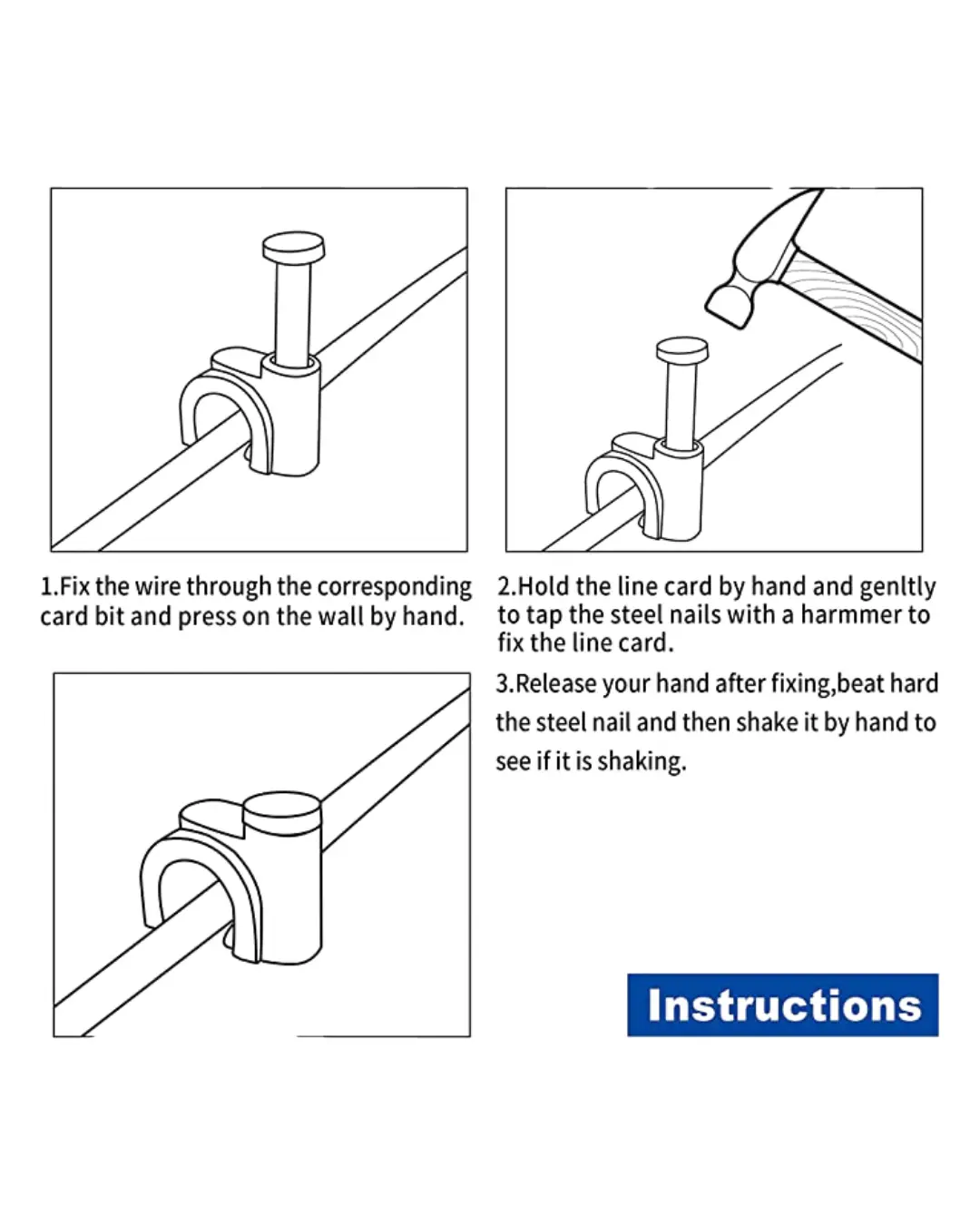 Cable clip installation process showing wire fixing on wall with nail clips