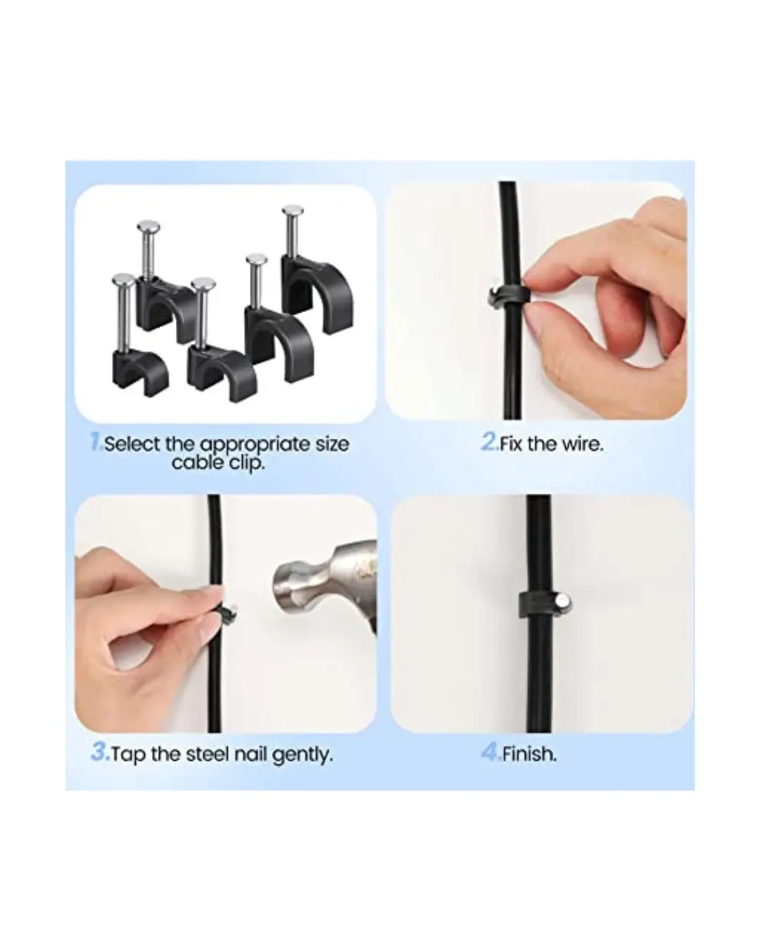Various sizes of cable clips used for organizing electrical and network wires