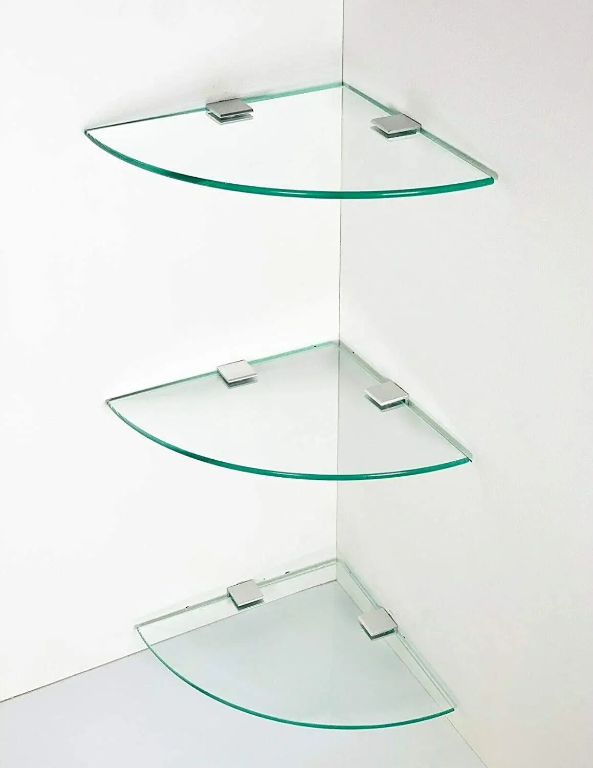Glass corner guards installed on glass shelves for safety and damage prevention