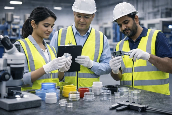 Quality inspection of plastic components by trained team in manufacturing facility