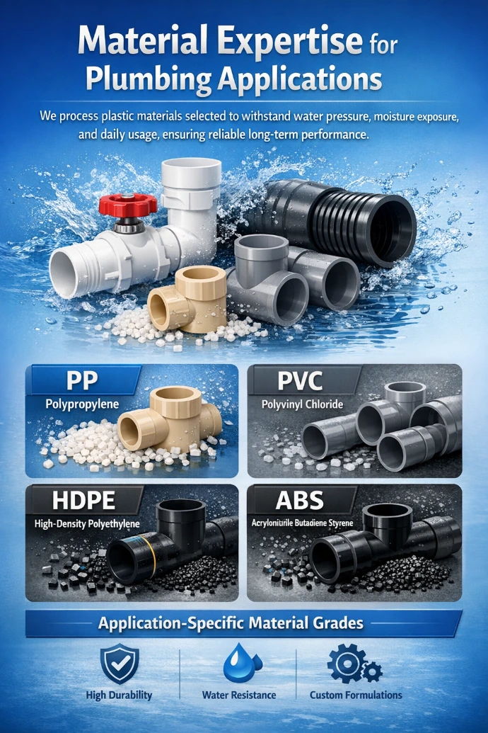 Plumbing and water management systems using plastic fittings and components