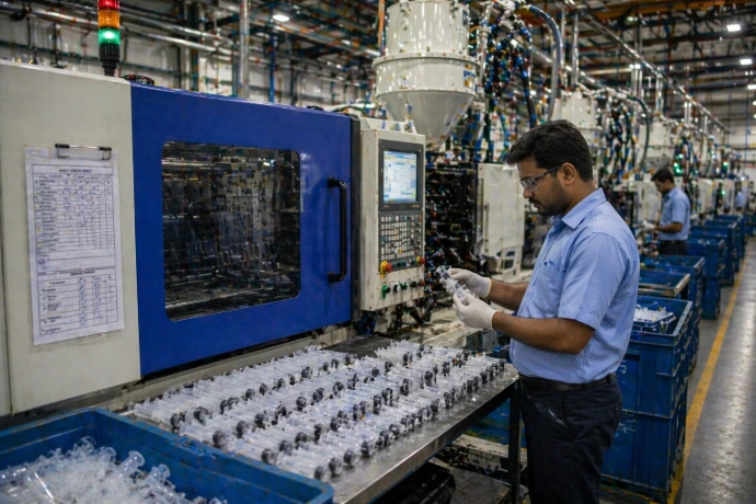 Plastic plumbing parts in production line trays during manufacturing