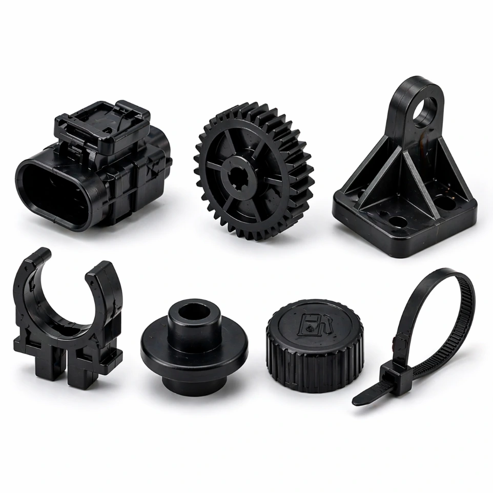 Plastic automotive parts and hardware components for industrial applications