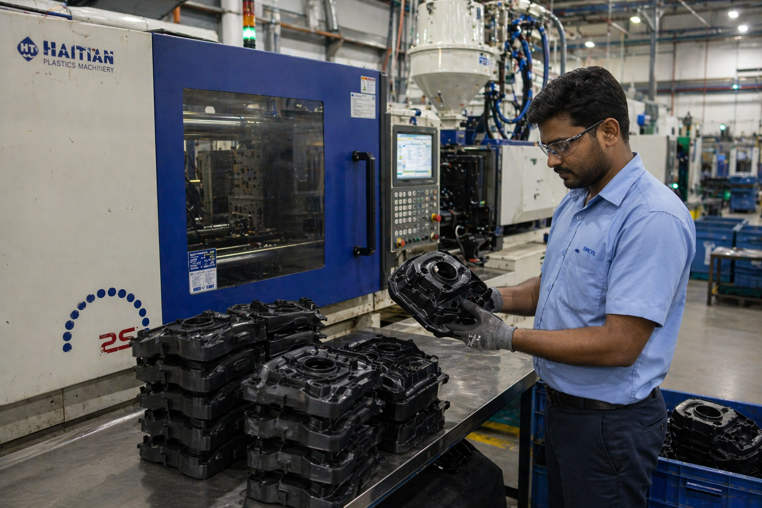 Injection moulding machine producing plastic parts for home appliances