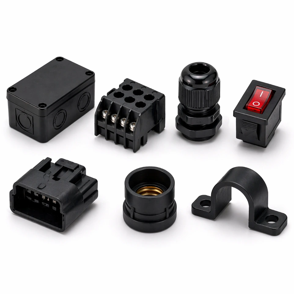 Plastic components used in electrical and electronic devices and systems