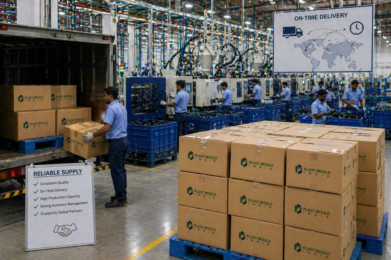 Finished FMCG plastic packaging products ready for shipment