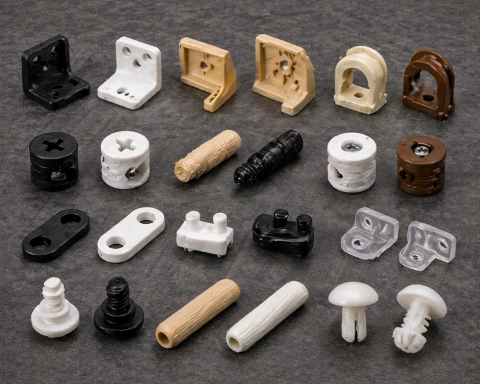Plastic furniture fittings including connectors, caps, and accessories for modular furniture