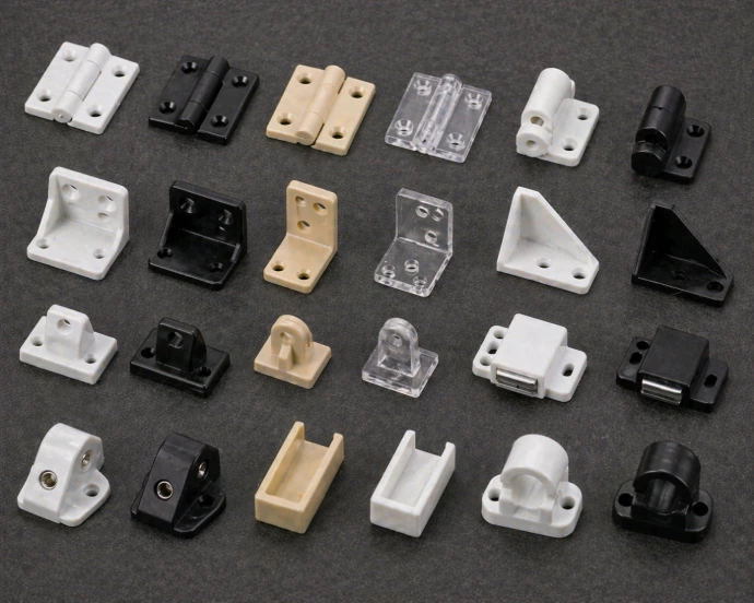 Furniture connectors and plastic fittings used in cabinets and modular systems