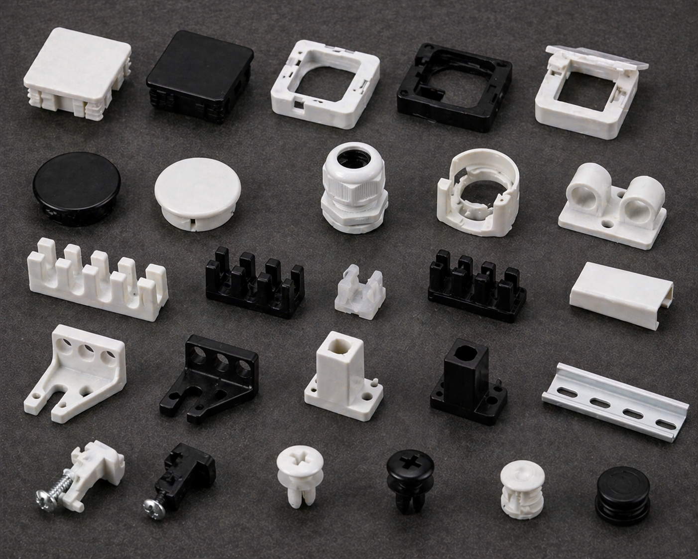 Plastic components used in furniture and modular fitting applications