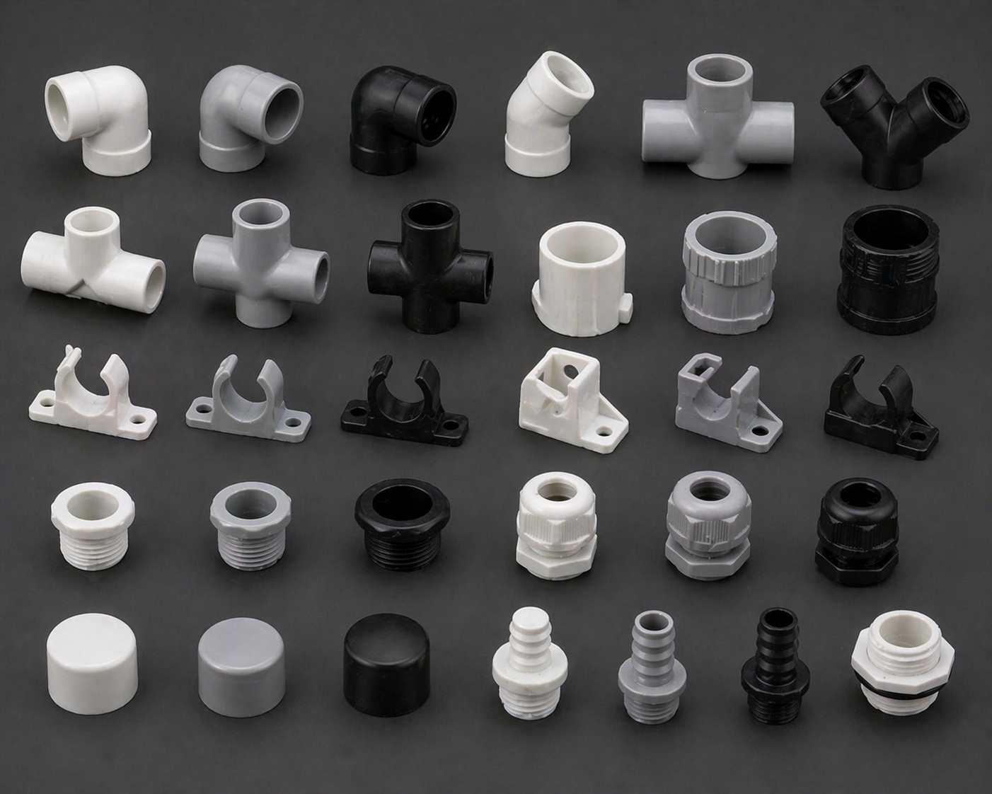 Plastic plumbing fittings including elbows, tees, and connectors for piping systems