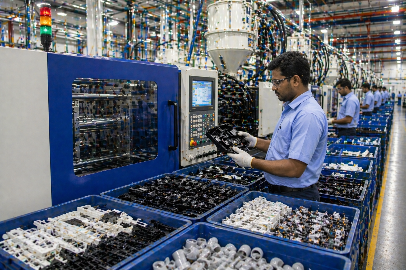 Assembly line for plumbing and sanitary plastic components
