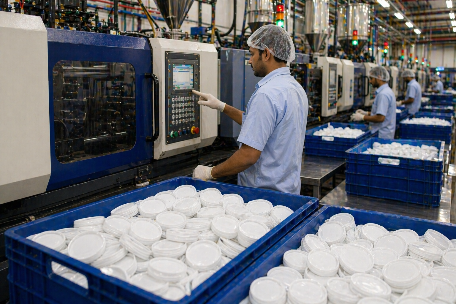 Sorting and handling plastic irrigation components in factory