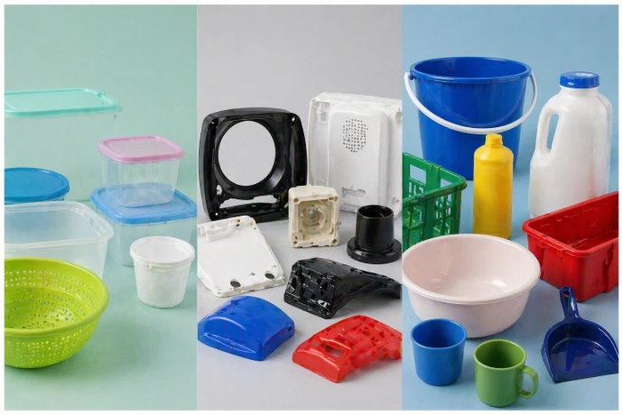 Plastic containers and household items for daily consumer use