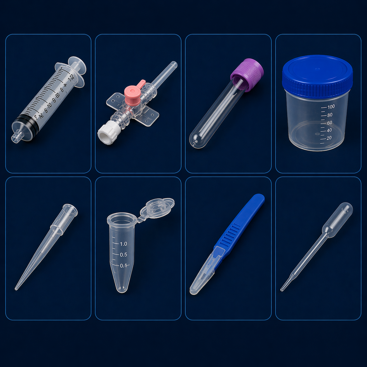 Plastic syringes and laboratory tools for medical and healthcare use