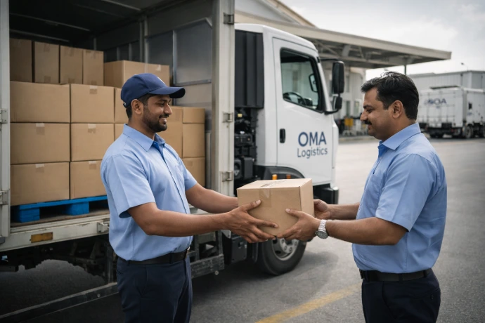 Workers packaging furniture fittings for distribution