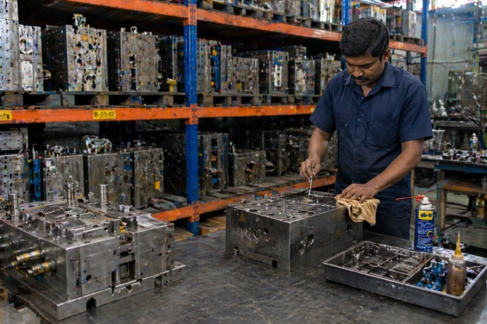 Worker managing plastic materials for injection moulding process