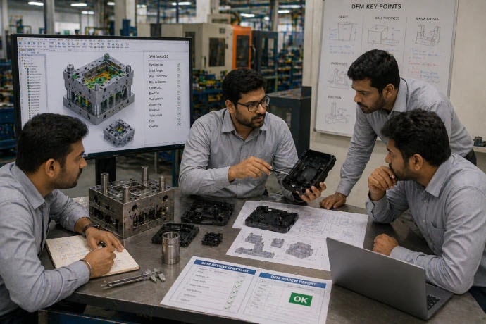 Product design team discussing development plans and engineering concepts