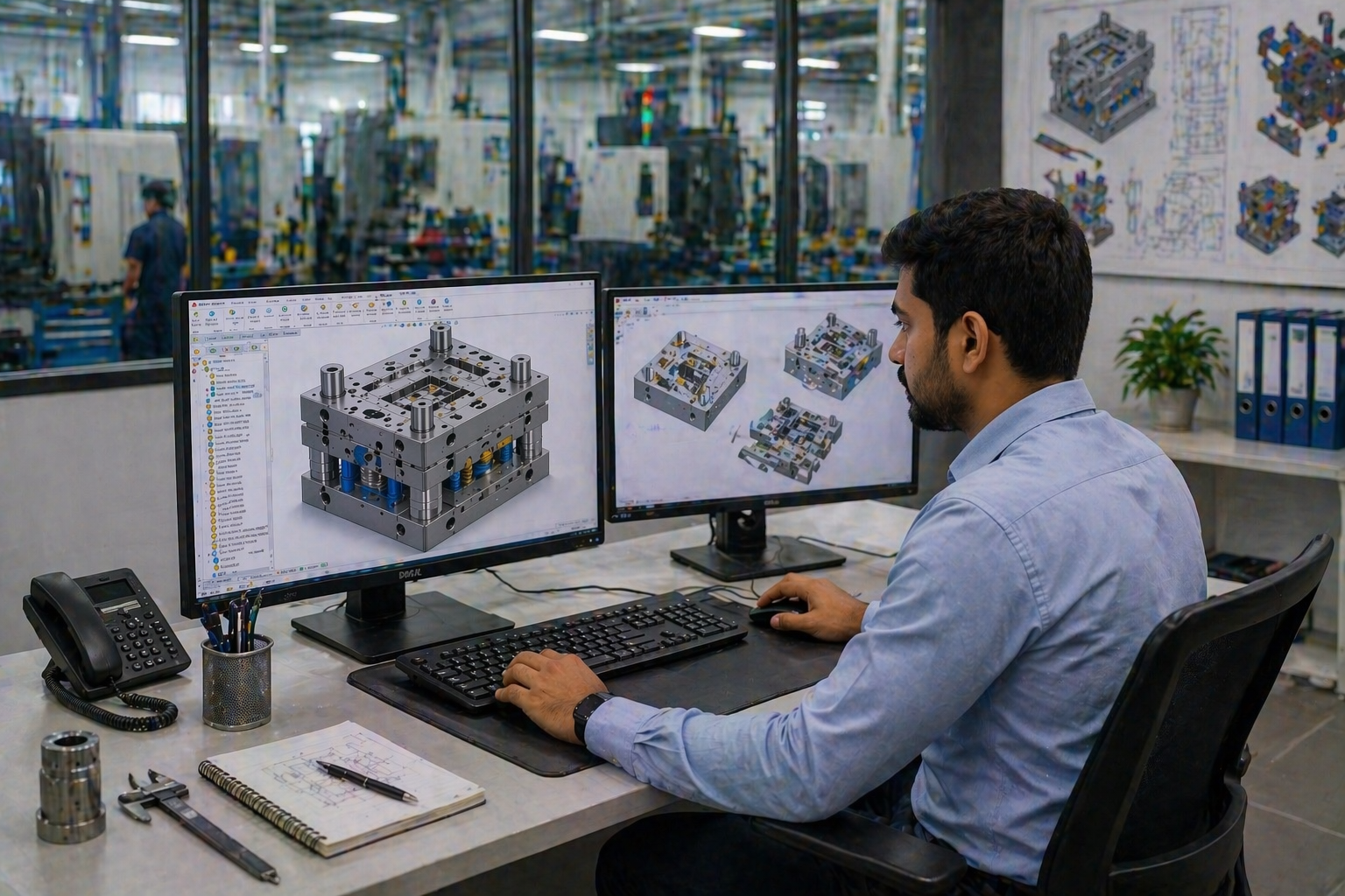 Engineers working on CAD modelling for plastic product design and development