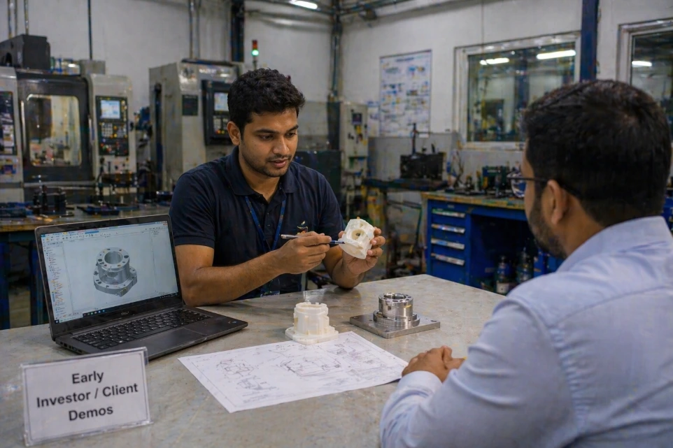 Team reviewing rapid prototype for design improvement