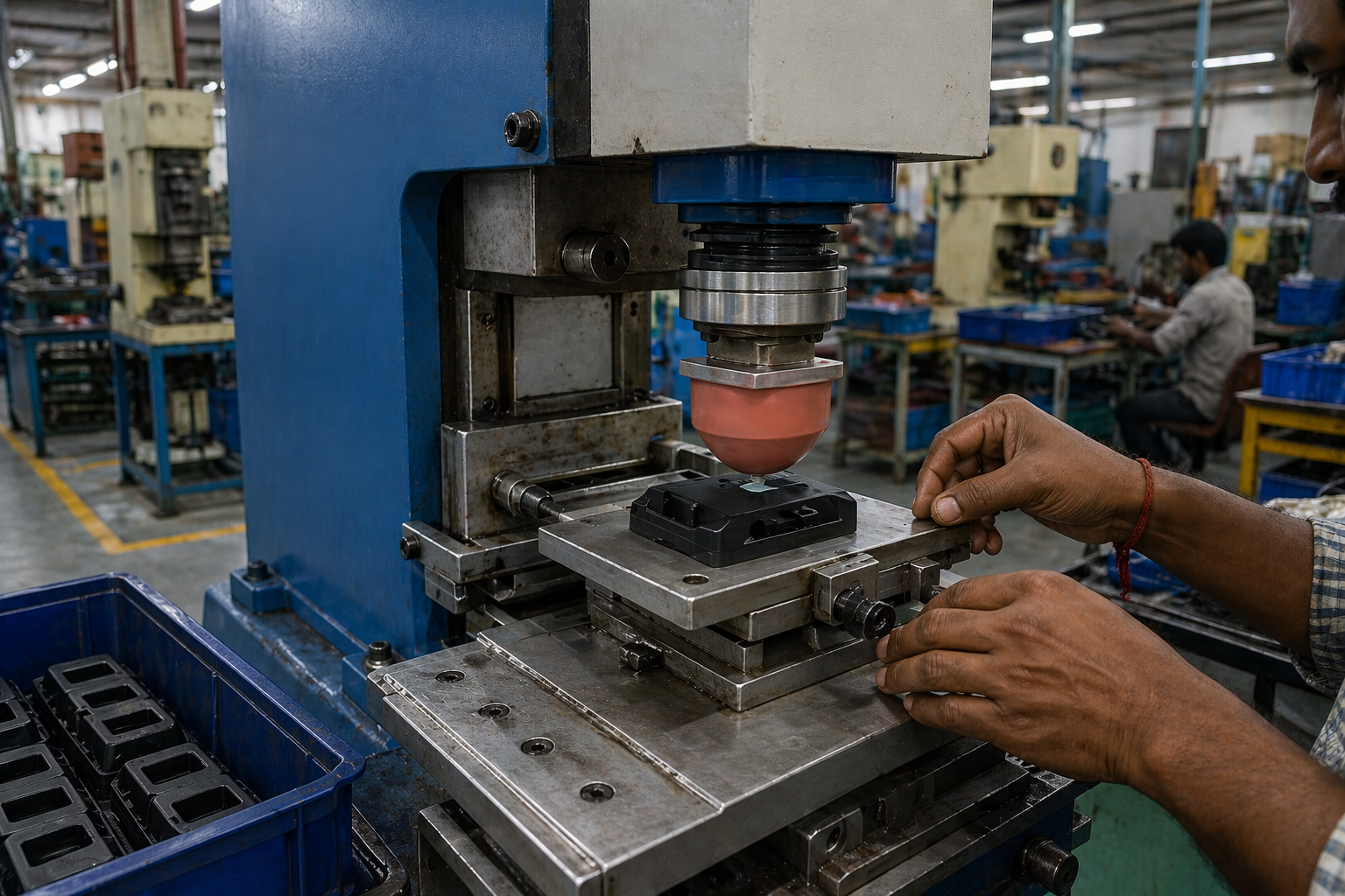 Pad printing machine printing logos on plastic components
