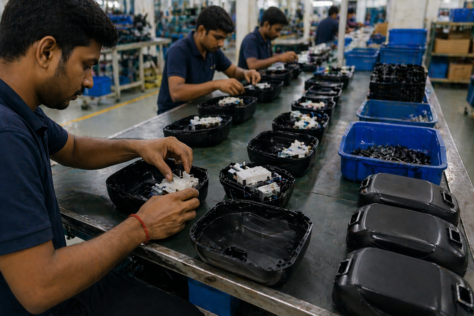 Worker assembling plastic components on production line