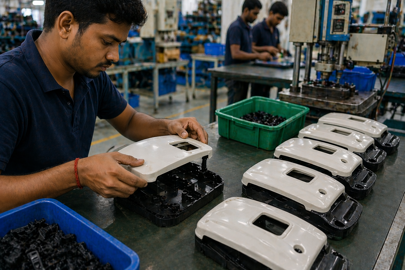 Assembly of plastic parts using organized trays in factory