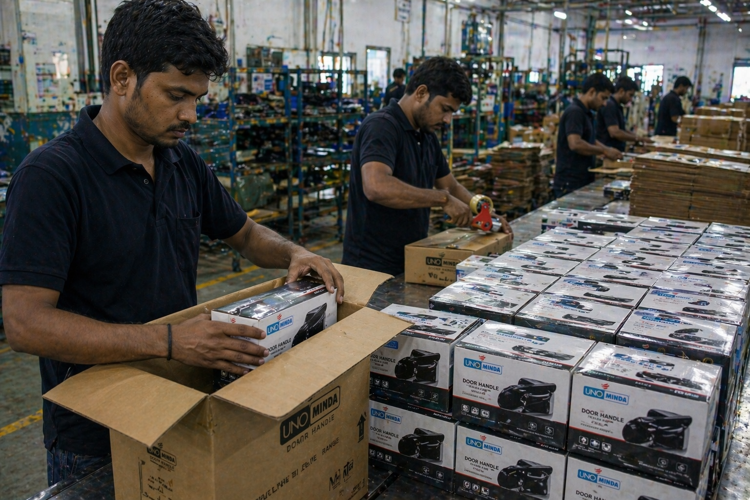 Assembly line with plastic components arranged in trays