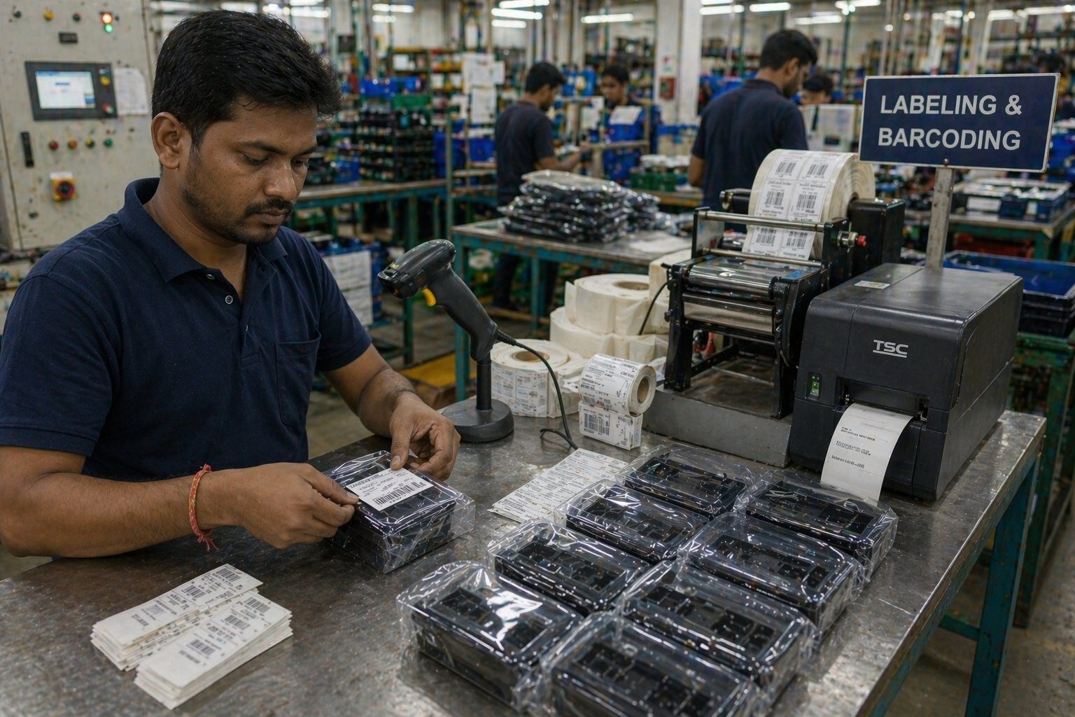 Worker assembling plastic products with precision