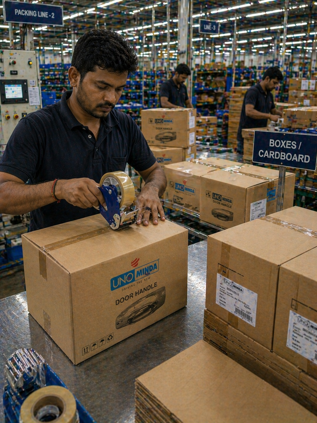 Workers packing plastic products into boxes for delivery