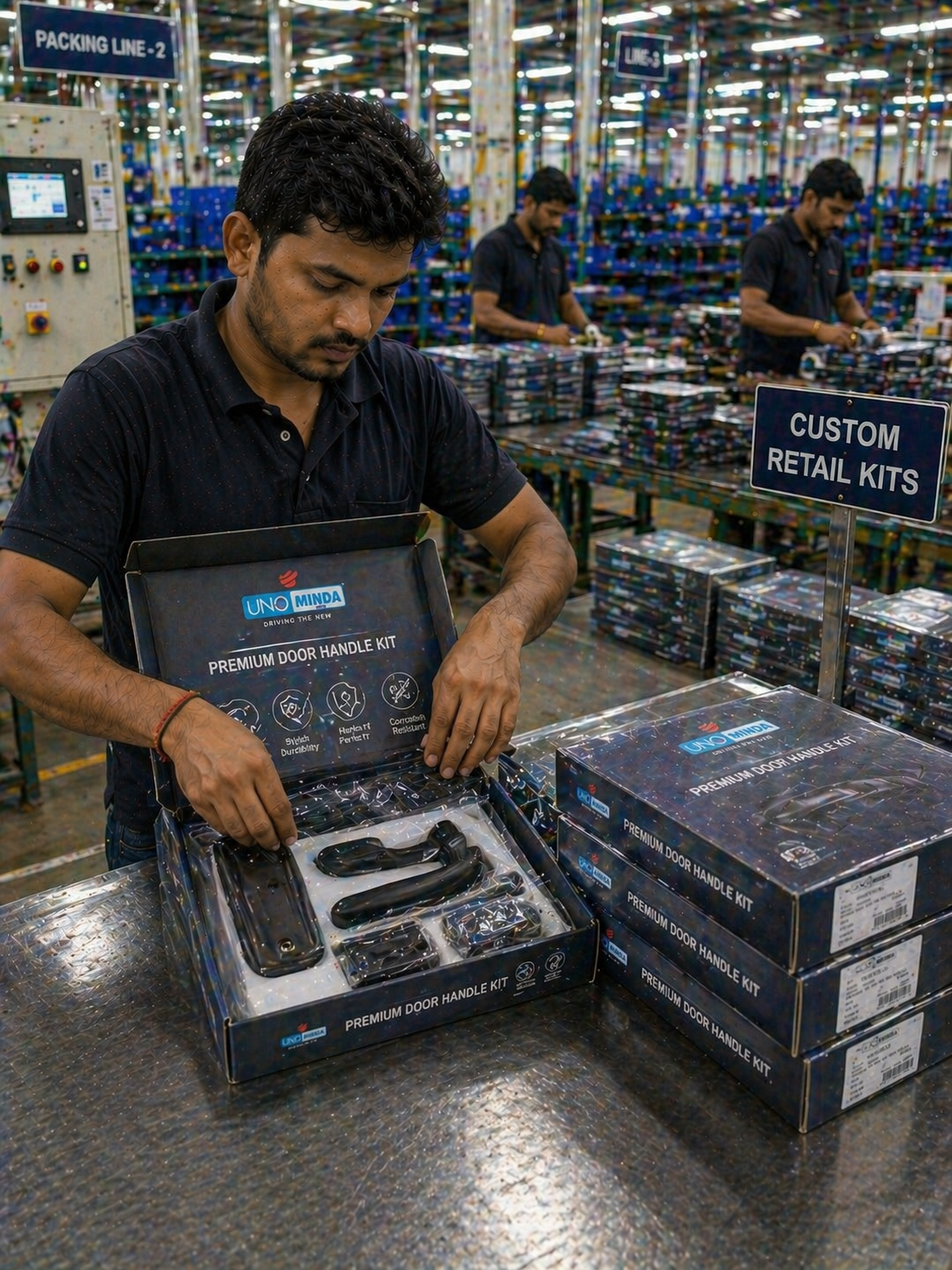 Worker packing plastic components for assembly and dispatch