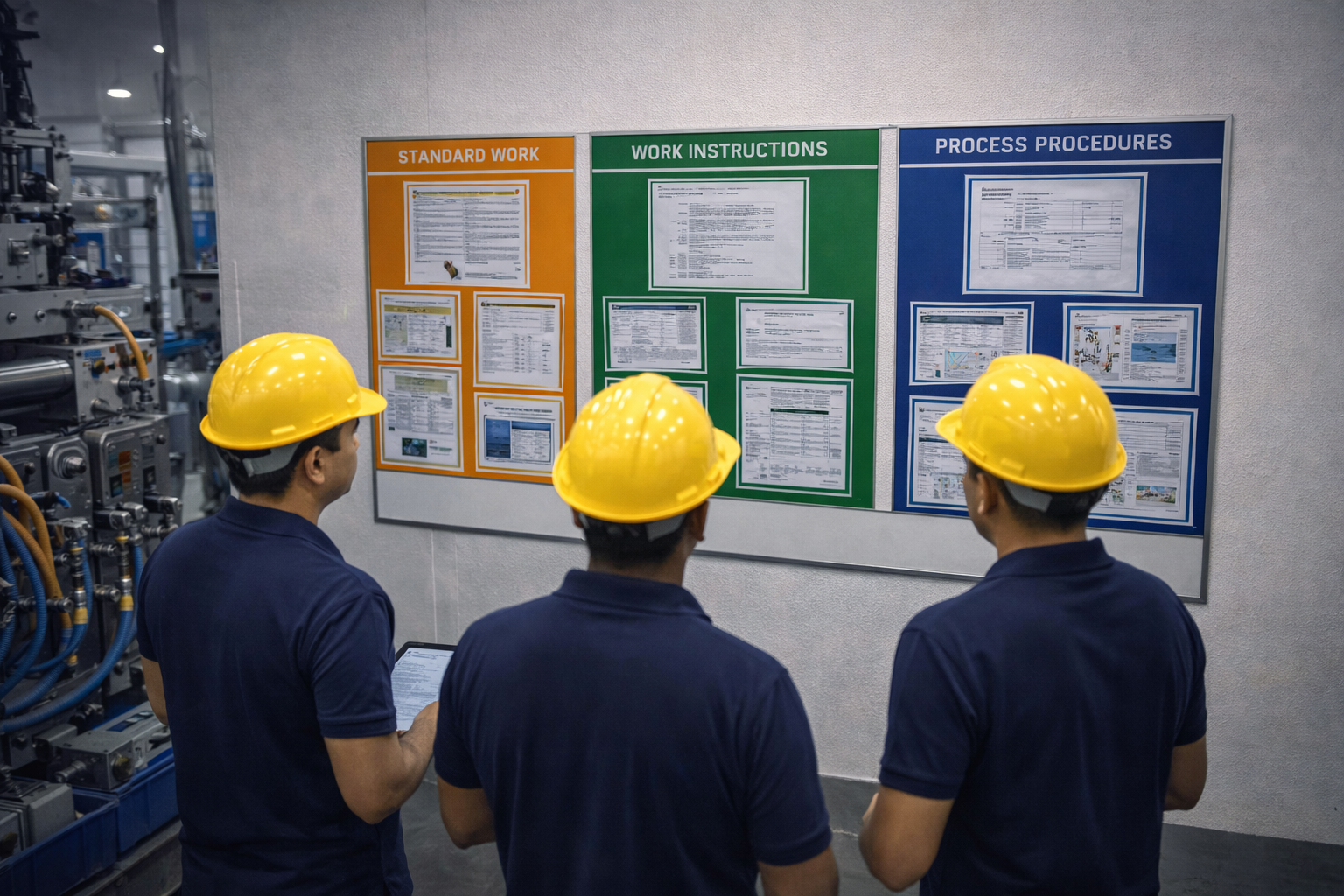 OEM production planning and team discussion in factory