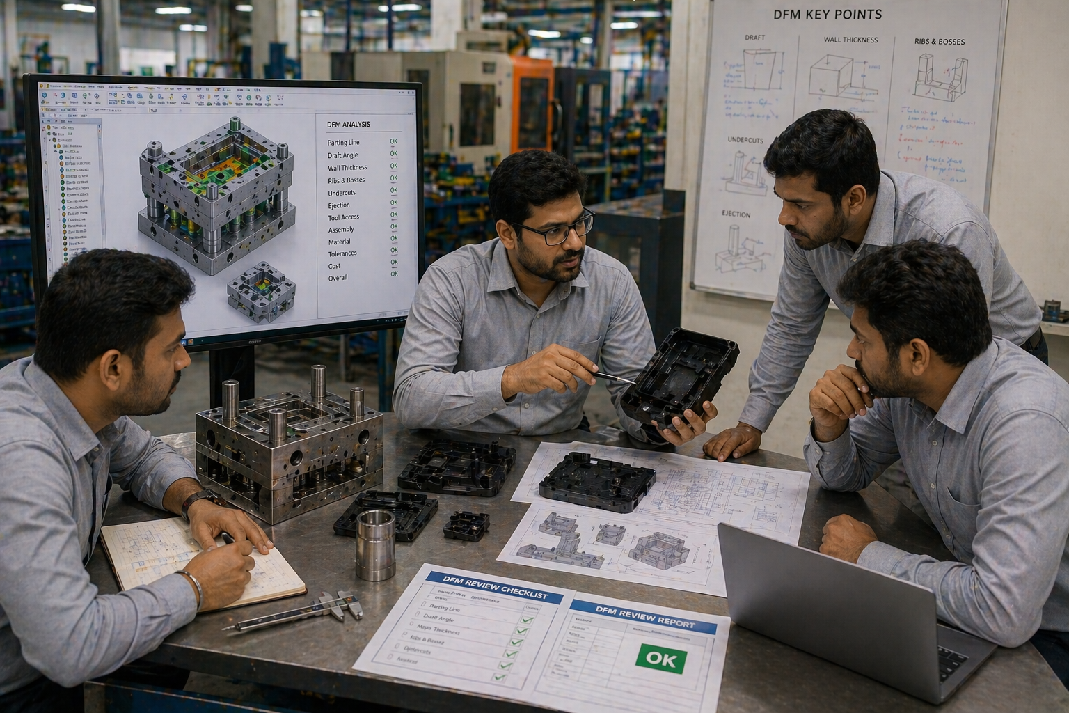 Product design team discussing development plans and engineering concepts