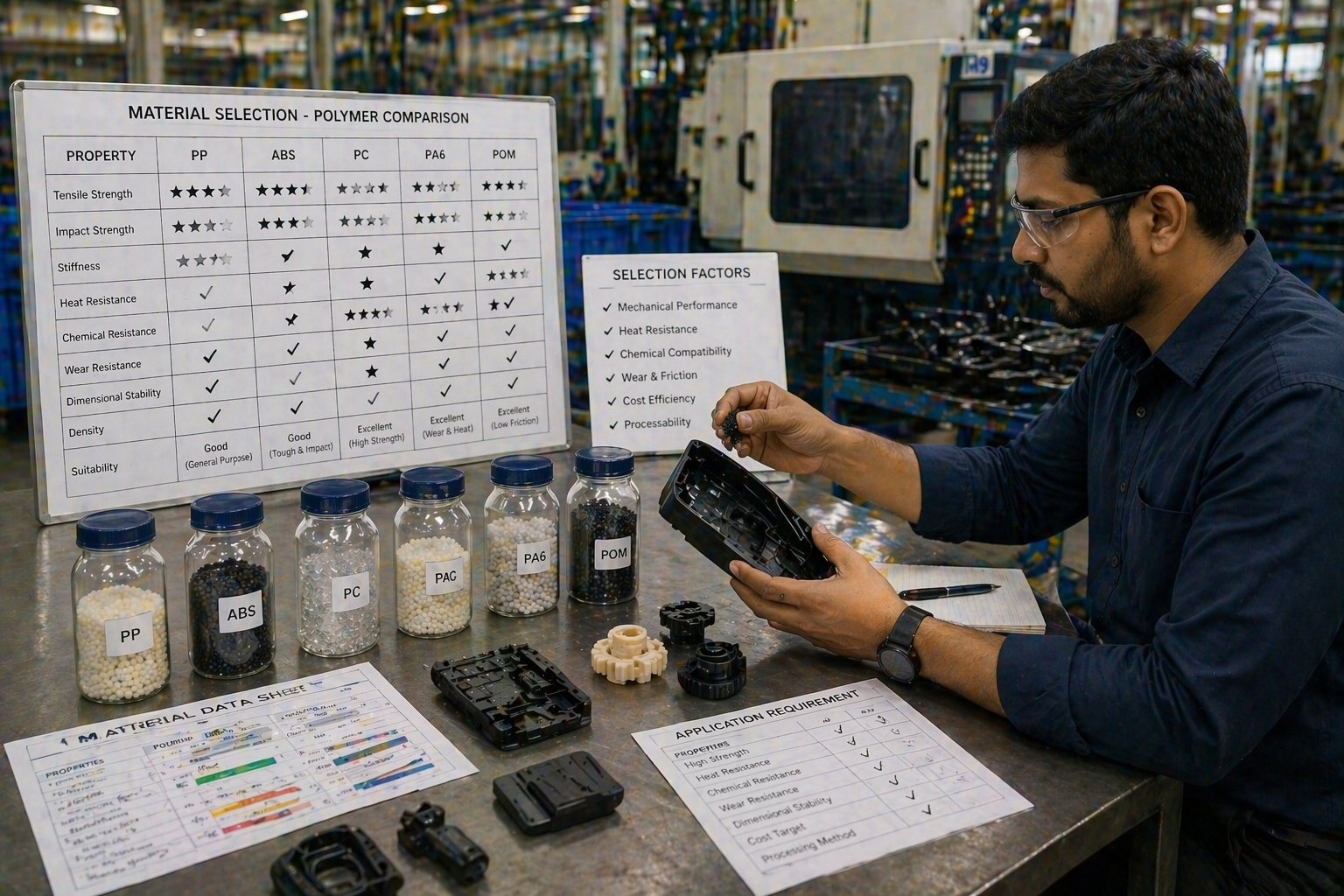 Engineer reviewing product design and development drawings