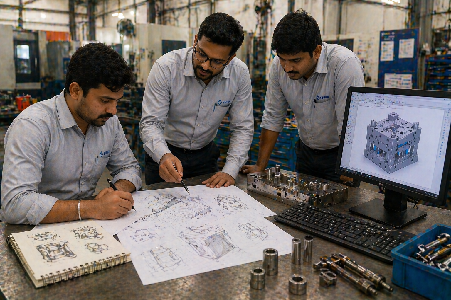 Engineers discussing prototype development and product optimization