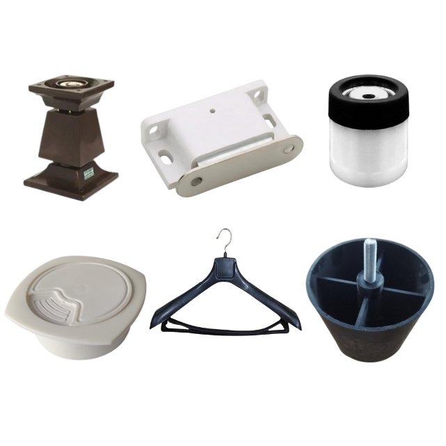 Plastic fittings and accessories for furniture and modular installations