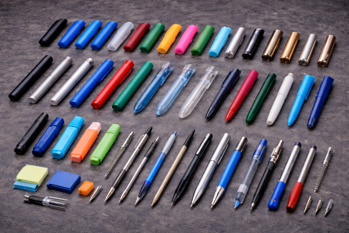 Plastic pens and markers used in office and school stationery
