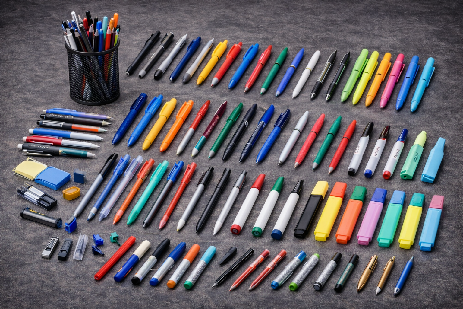 Plastic stationery products including clips, organizers, and desk accessories