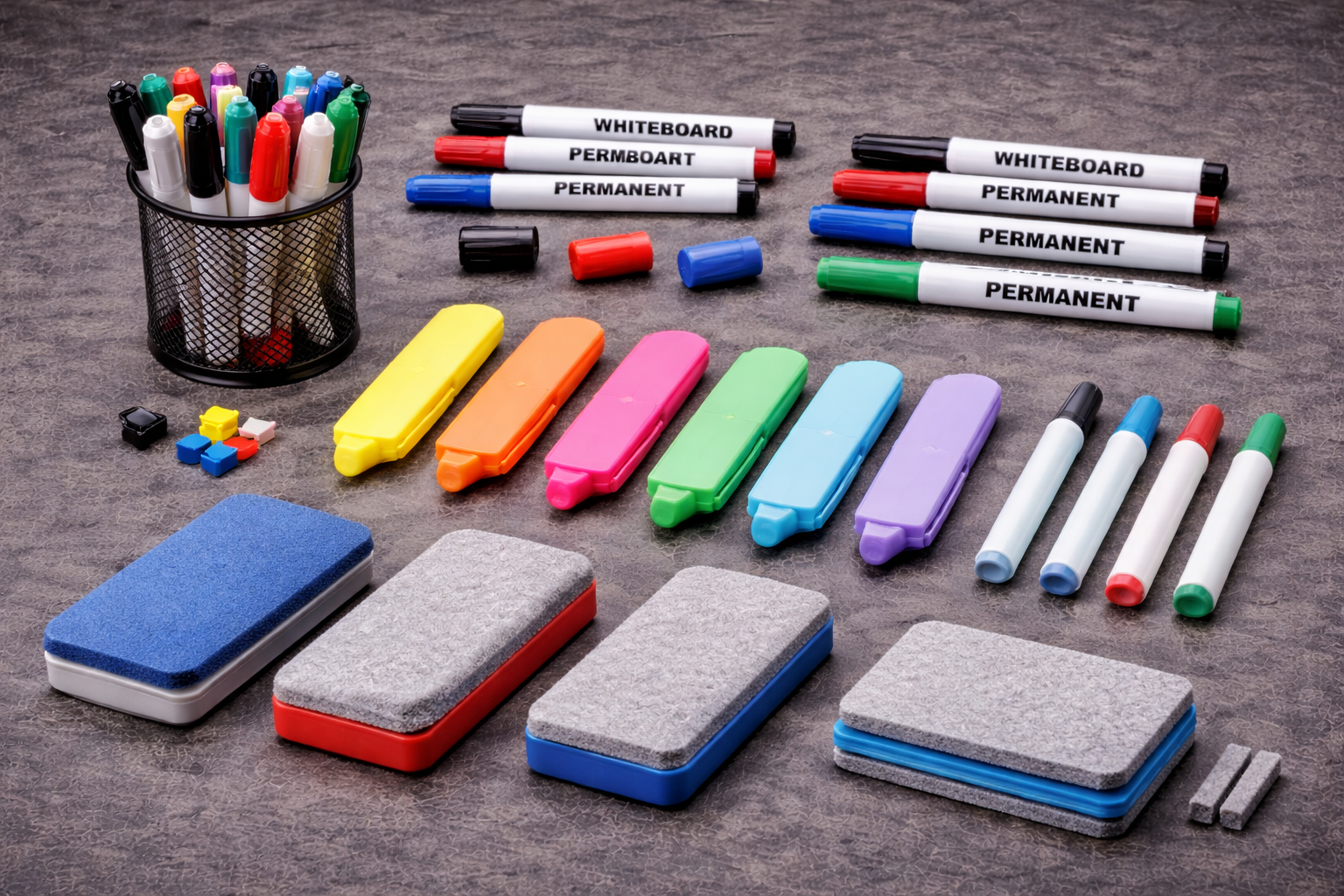 Plastic stationery items like pens, markers, and organizers for office and school use