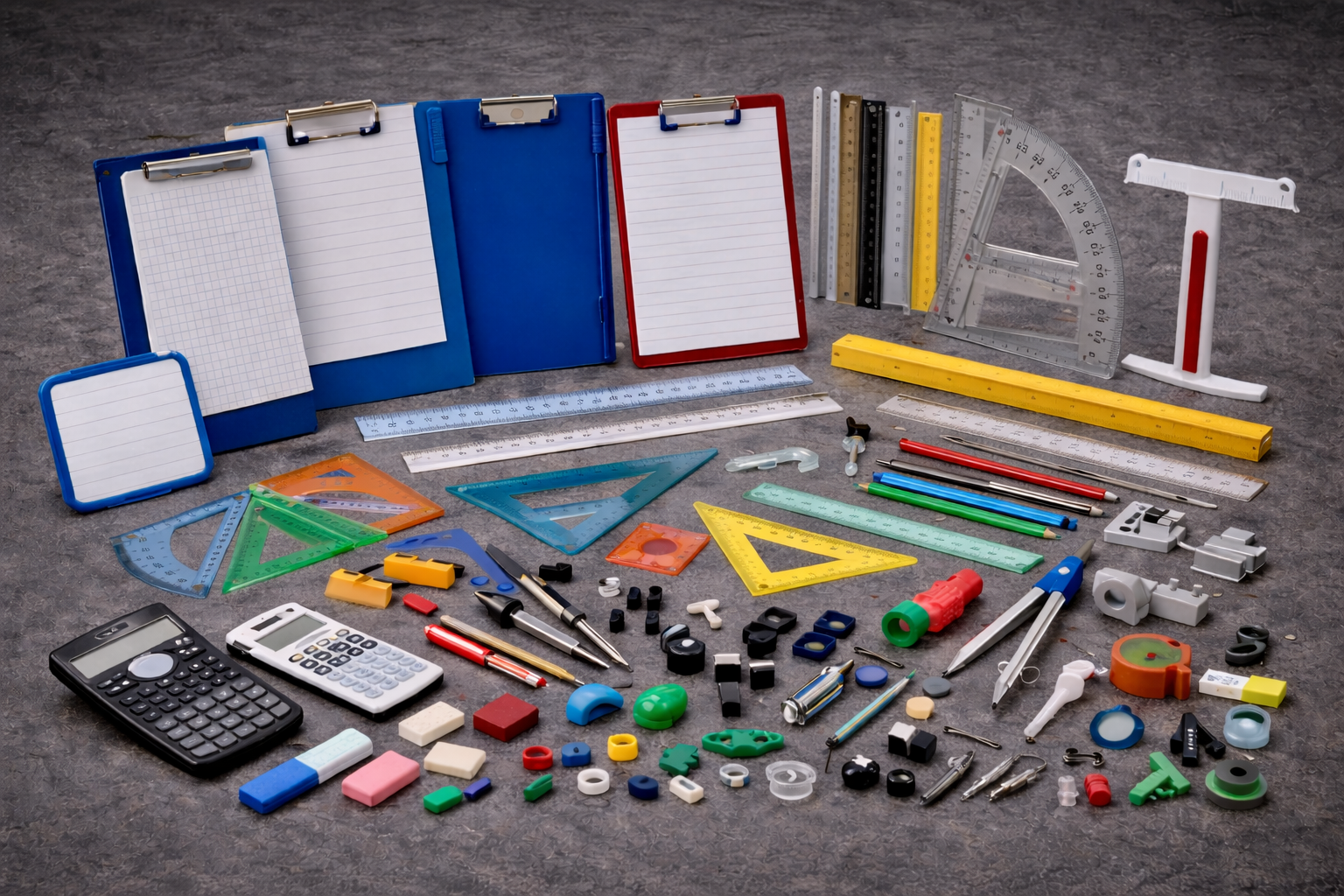 Office desk with plastic stationery products and accessories for daily use