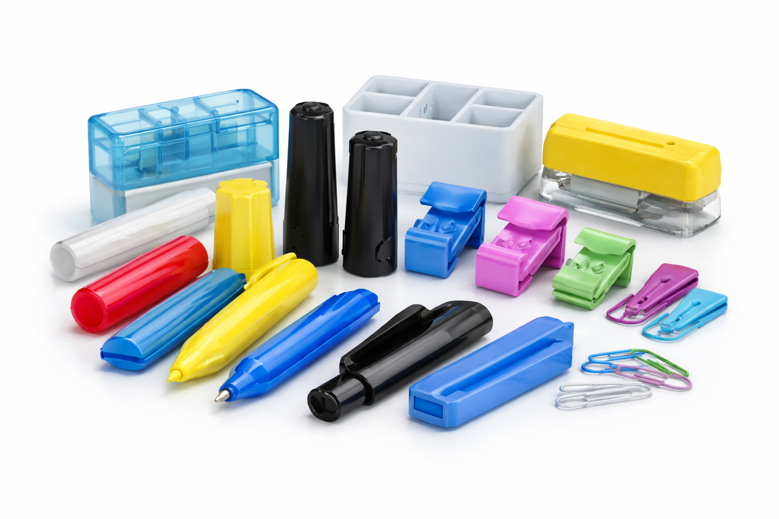 Plastic storage boxes and organizers for stationery items