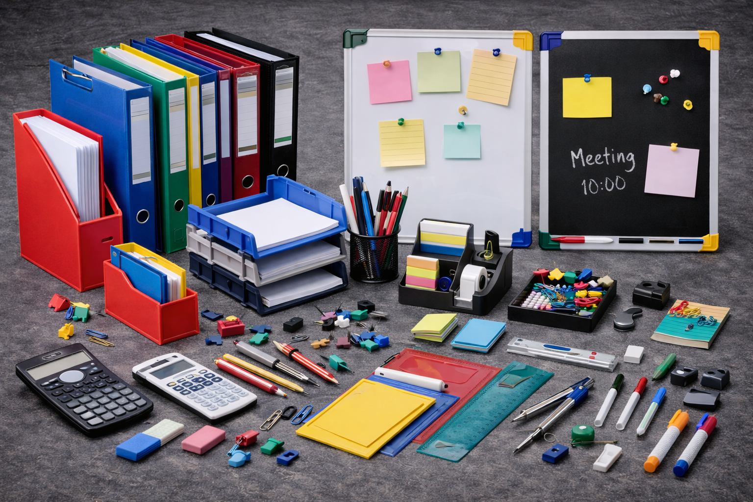 Assorted plastic stationery products for office and school applications