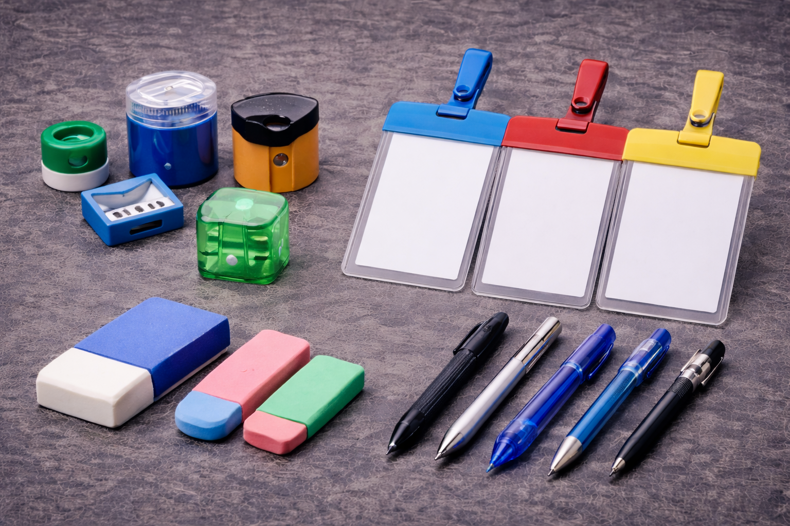 Workspace setup with plastic stationery supplies and desk organizers