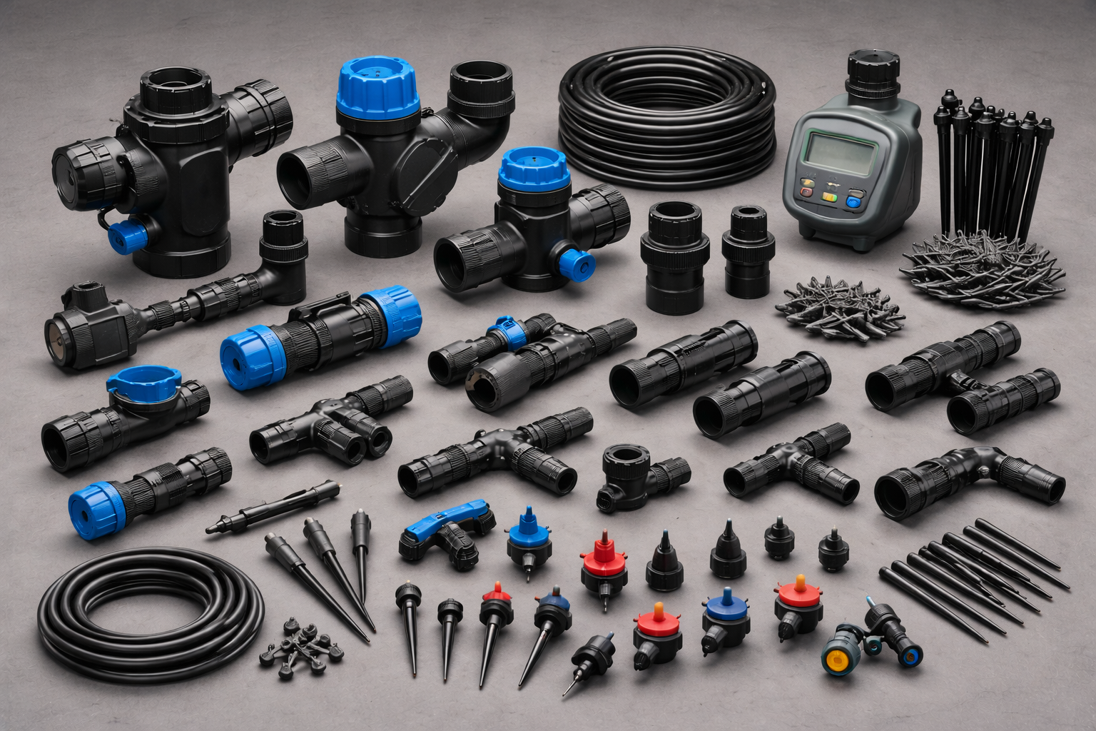Plastic irrigation fittings and components for agriculture and drip irrigation systems