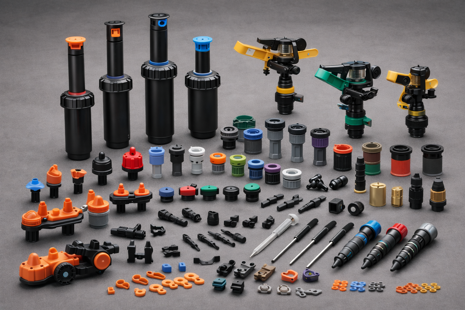 Various plastic irrigation connectors and fittings for efficient water distribution