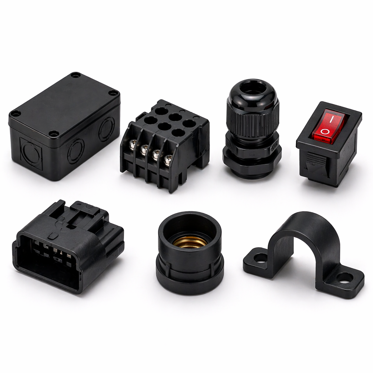 Plastic components used in electrical and electronic devices and systems