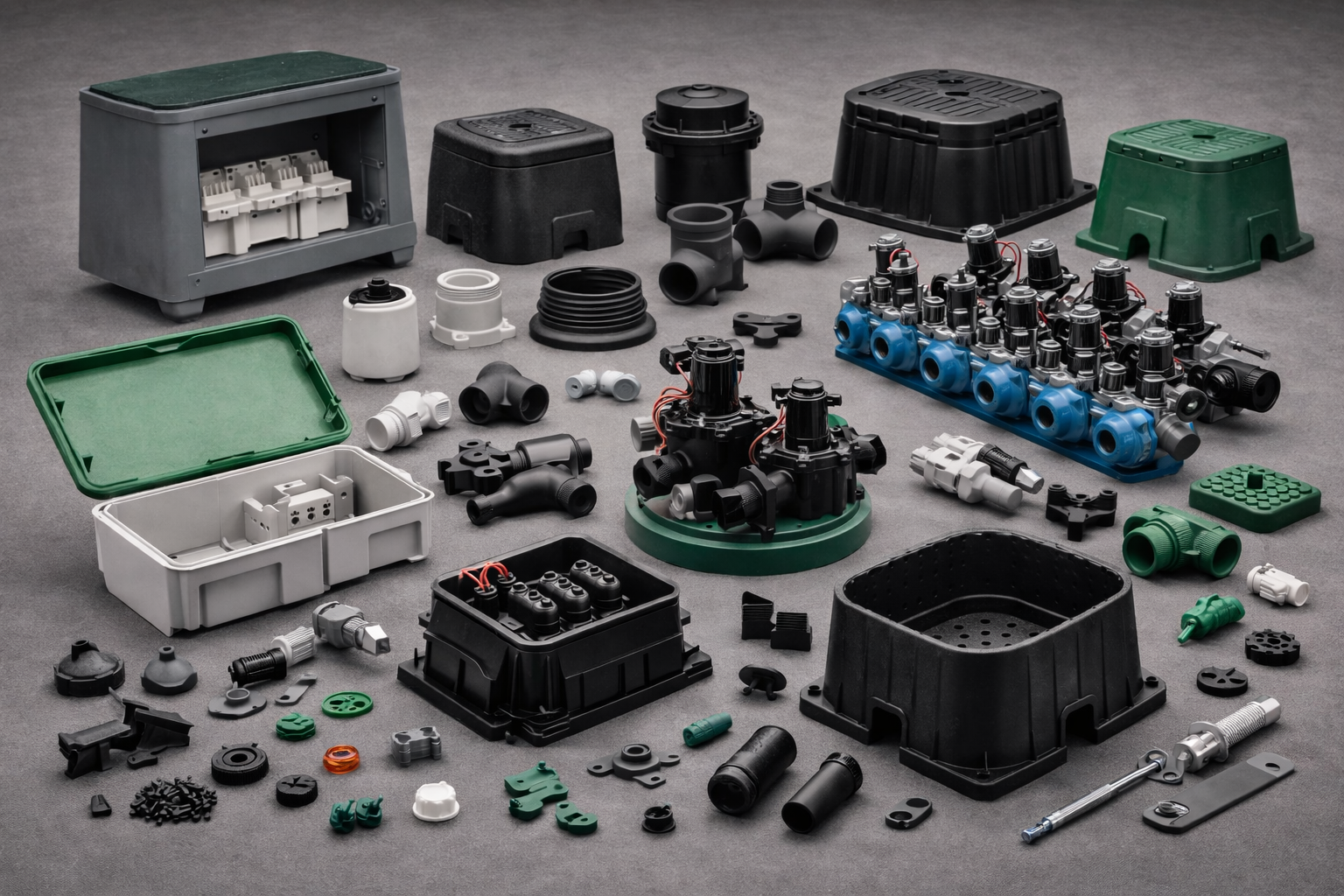 High-performance plastic components for irrigation and farming systems