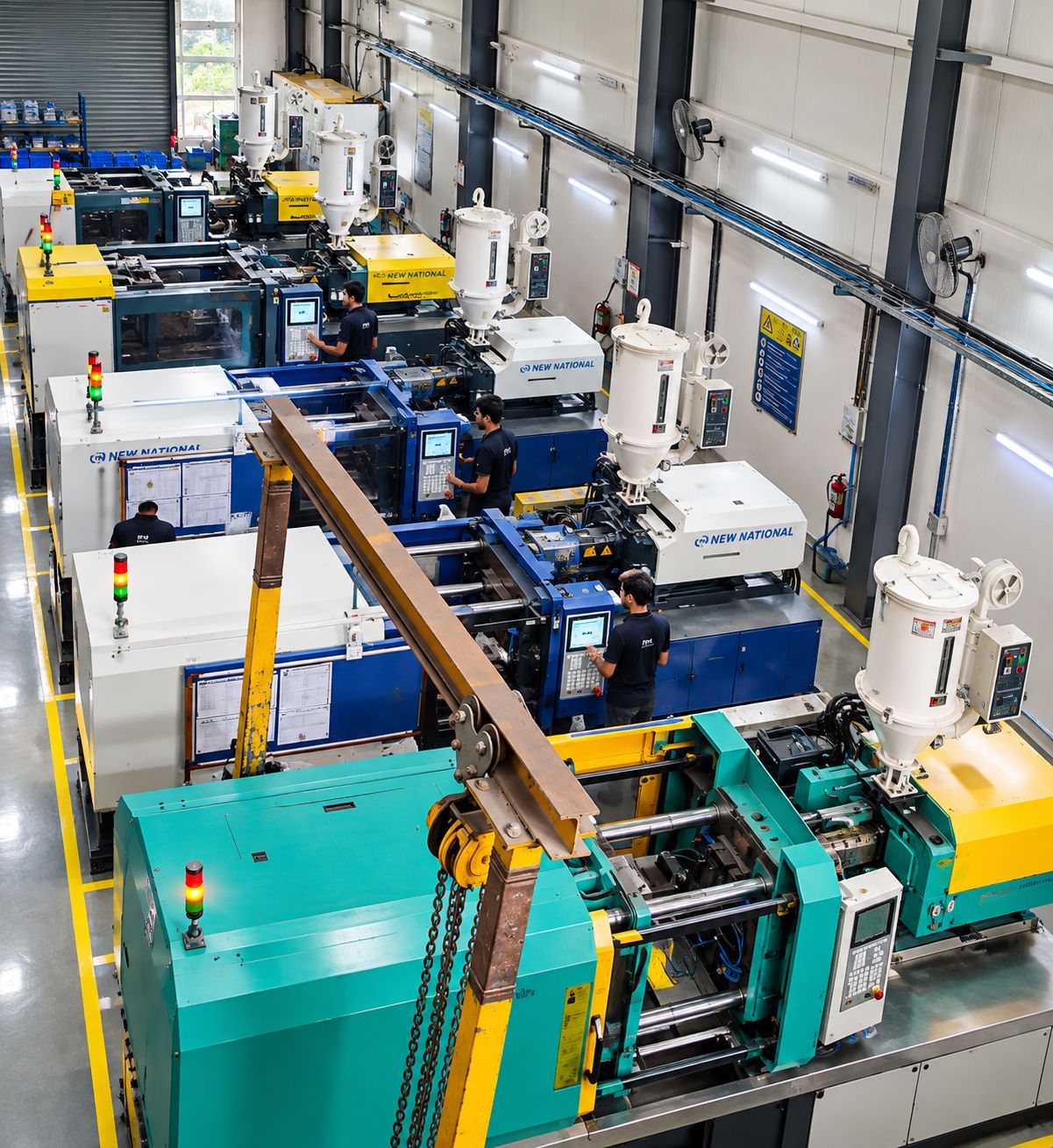 Industrial manufacturing equipment inside an injection moulding production unit