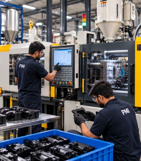 Injection moulding machine during a production trial