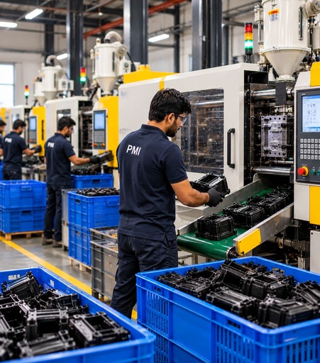 Plastic components coming off the production line